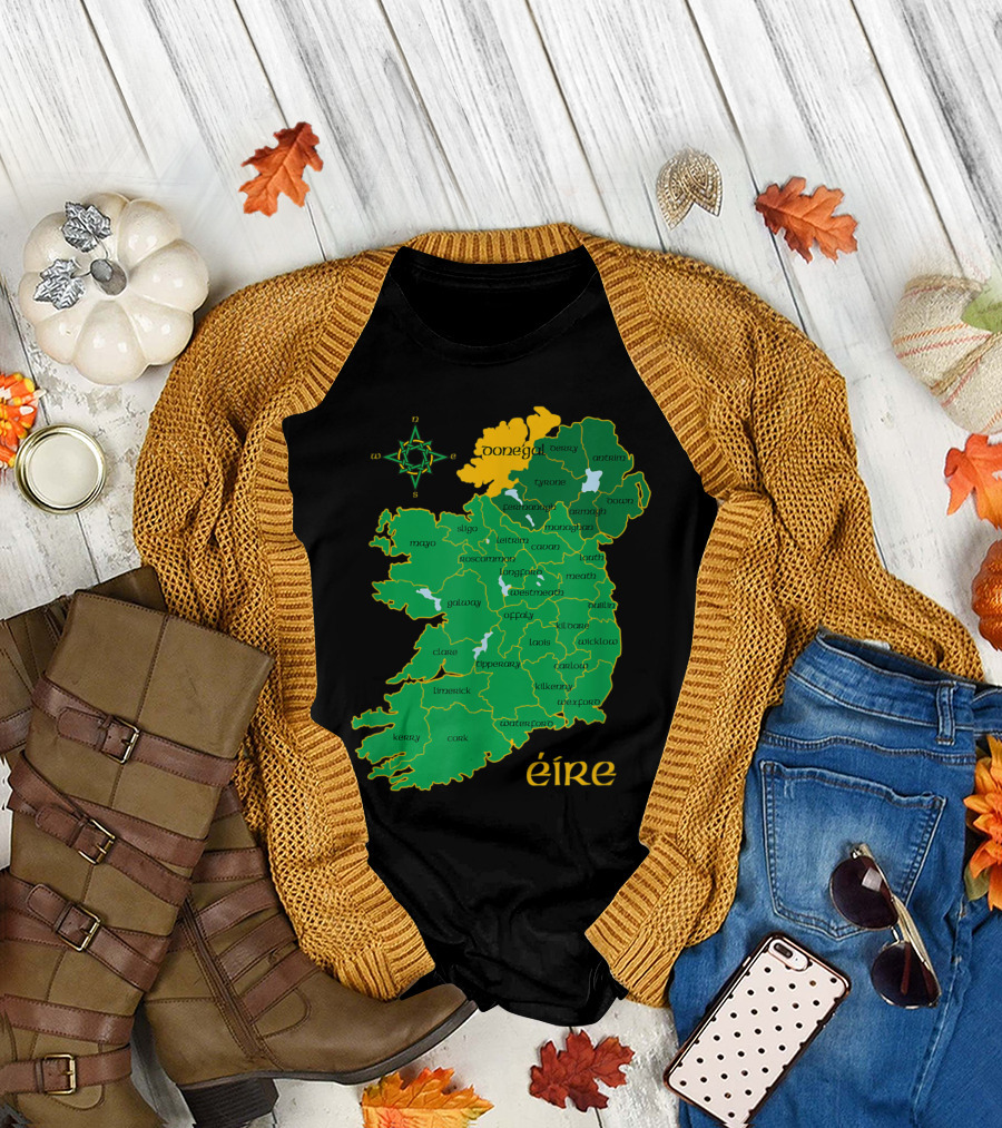 Donegal Eire Irish County Map with Compass Icon and County Names T-Shirt
