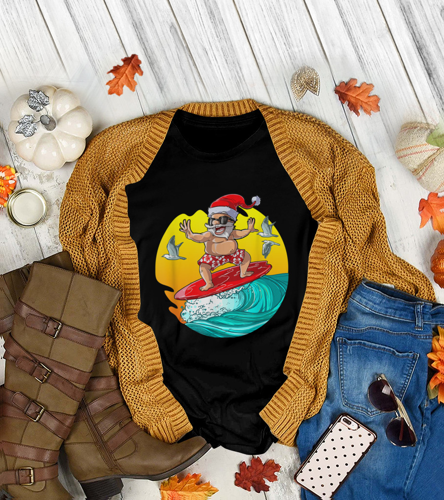 Christmas in July Surfing Santa Hawaii Adventure with Sunglasses and Seagulls T-Shirt