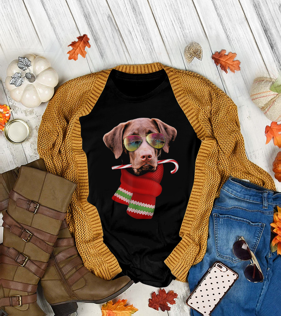 Labrador with Sunglasses and Candy Cane in July Christmas T-Shirt