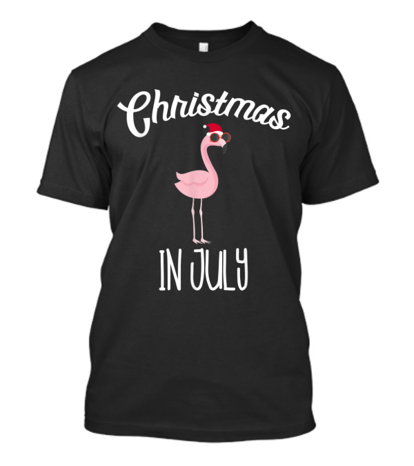Christmas In July Pink Flamingo With Santa Hat And Sunglasses T-Shirt