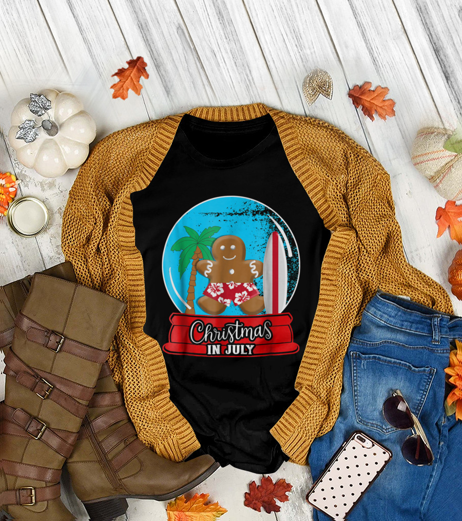 Christmas In July Snow Globe Gingerbread Surfer Palm Tree and Surfboard T-Shirt