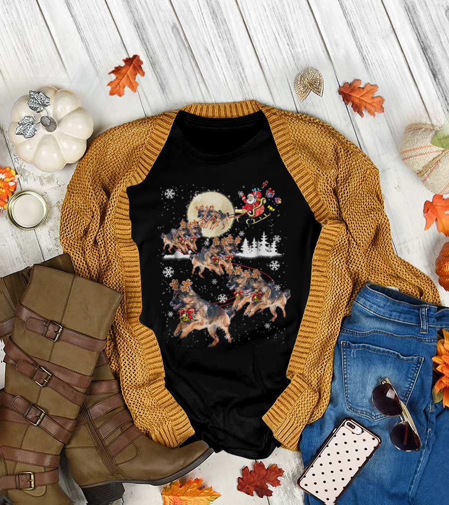German Shepherd Dogs Pulling Santa's Sleigh in Snowy Christmas Scene T-Shirt