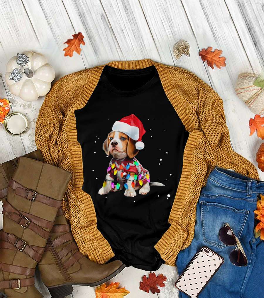Beagle Puppy in Santa Hat and Christmas Lights T-Shirt