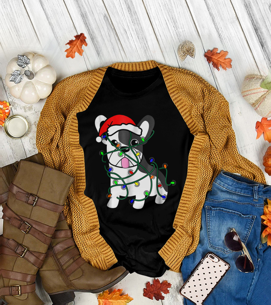 Santa Hat French Bulldog Wrapped in Christmas Lights Funny Holiday T-Shirt