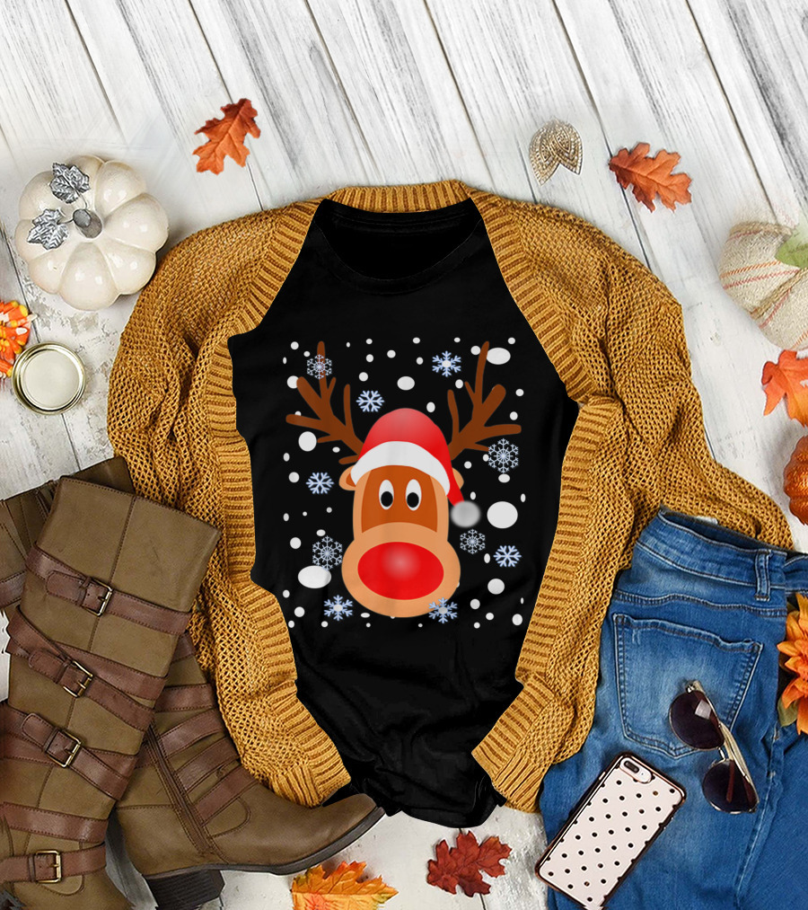 Christmas Reindeer with Santa Hat and Snowflakes T-Shirt