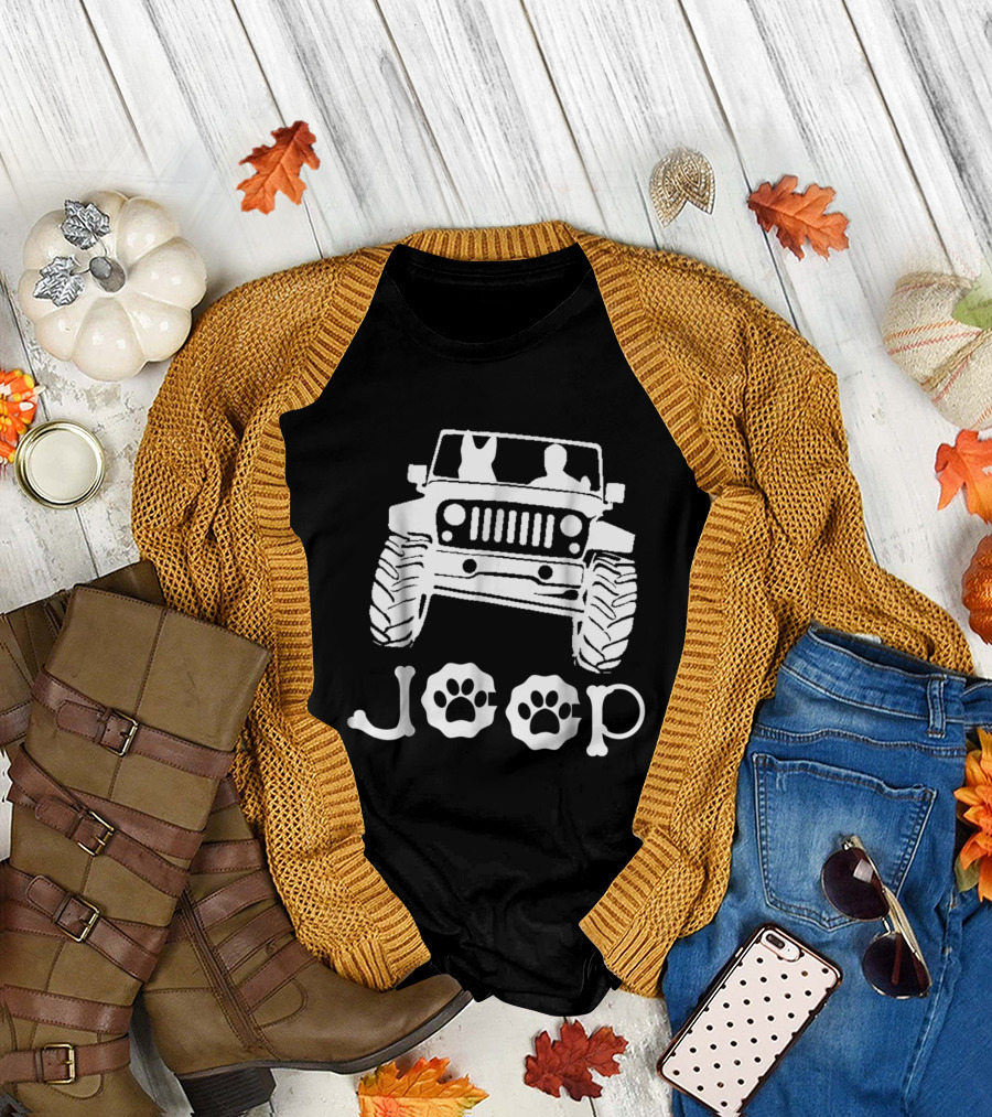 German Shepherd Dog Riding Jeep with Paw Print Lettering T-Shirt