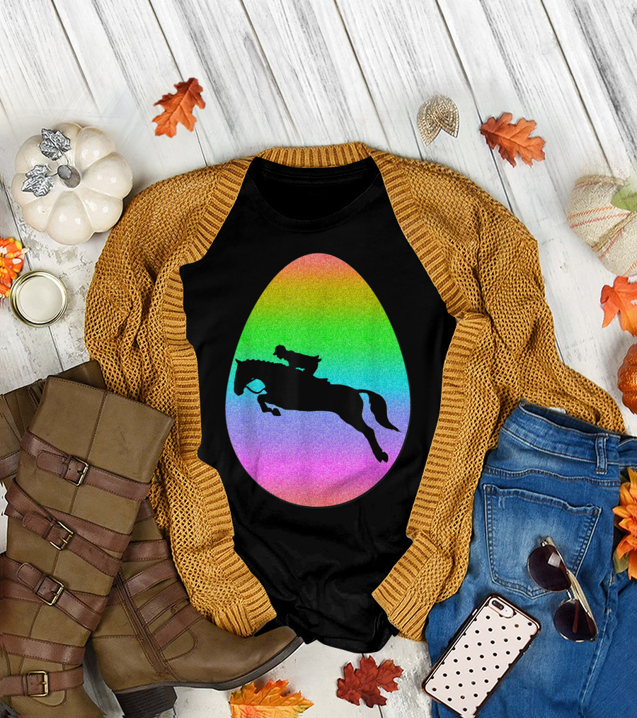 Dressage Equestrian Bunny Easter Eggs Silhouette Riding Jumping Horse Rainbow T-Shirt