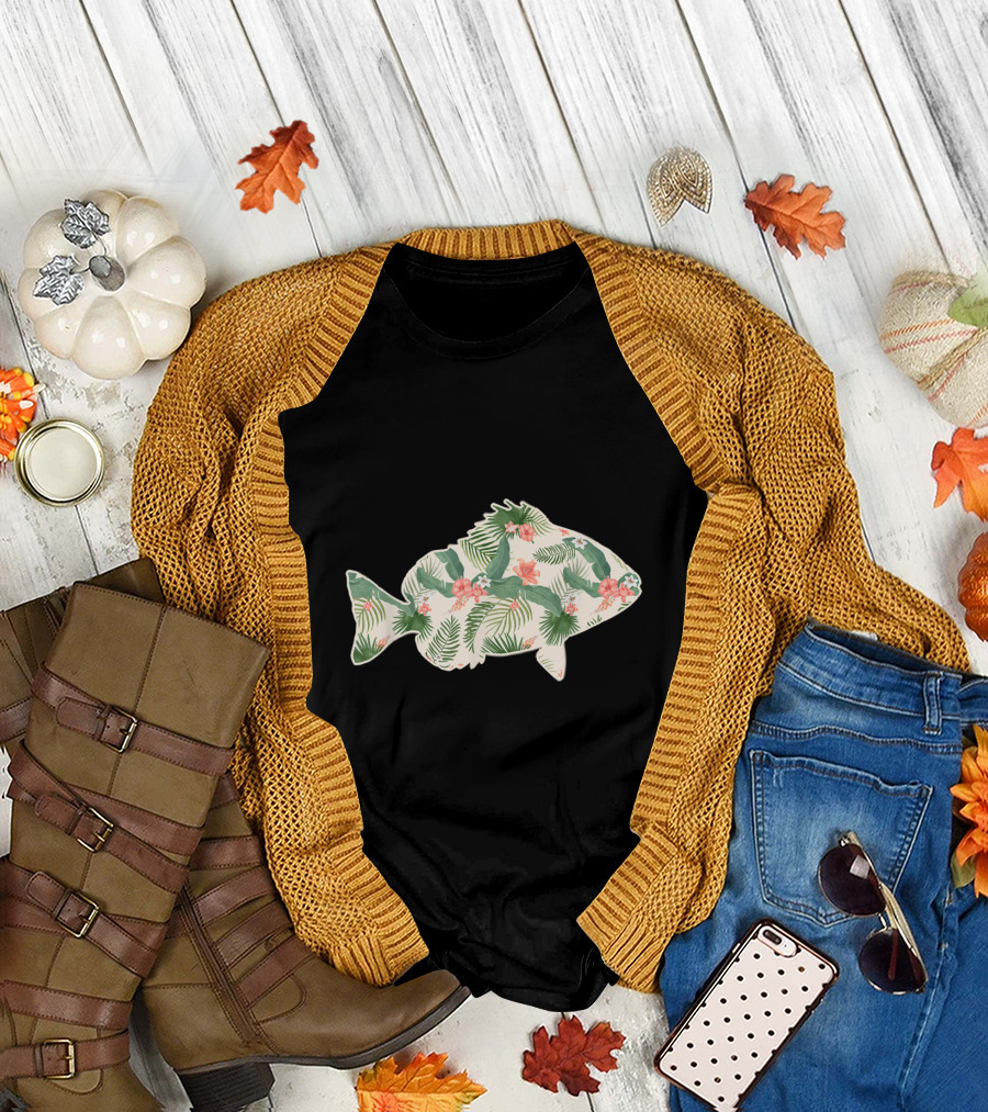 Cichlid Fish with Tropical Floral Pattern and Foliage Elements T-Shirt