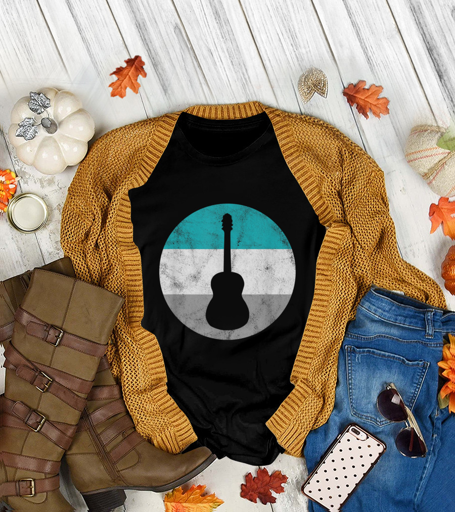 Acoustic Guitar Silhouette on Grunge Circle with Aqua White Gray Bands T-Shirt