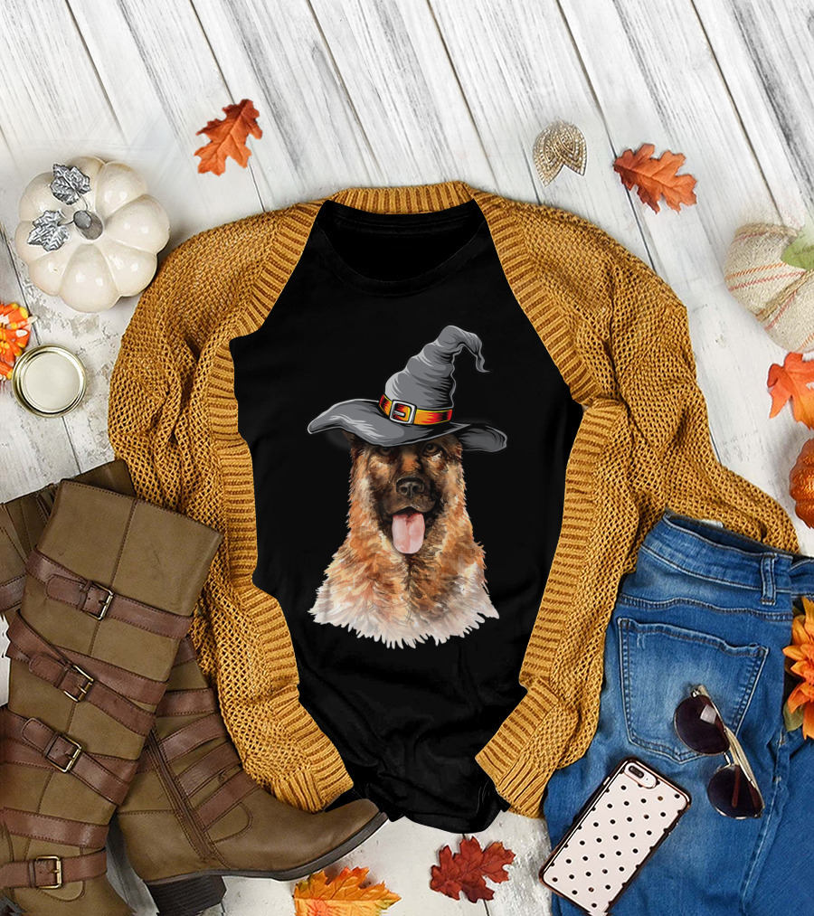 German Shepherd with Witch Hat Halloween Costume Ideas T-Shirt