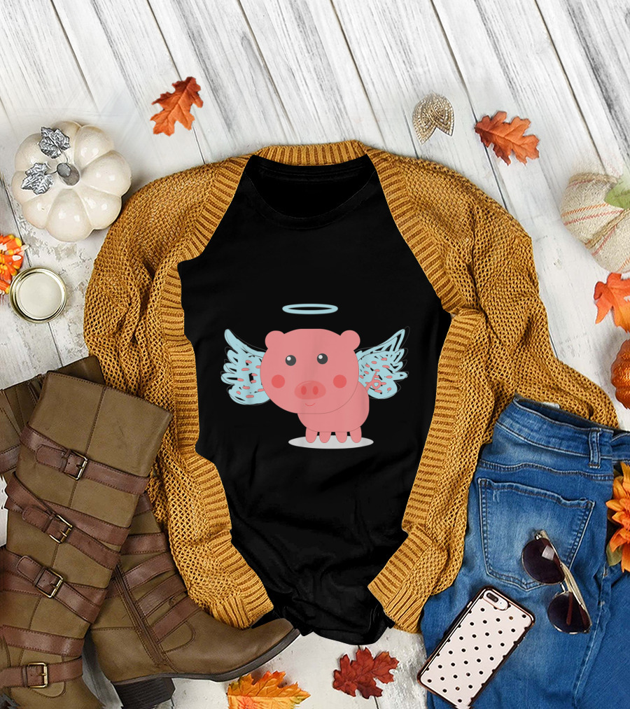 Adorable Haloed Pig with Angel Wings Illustration of Flying Pig T-Shirt
