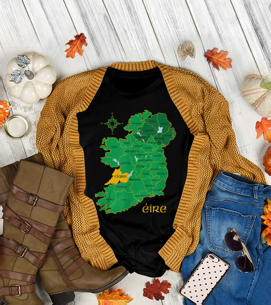 Eire Map Featuring Clare County Highlighted in Yellow with Compass Rose T-Shirt