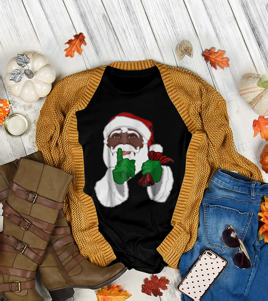 African American Santa with Green Gloves and Red Sack T-Shirt