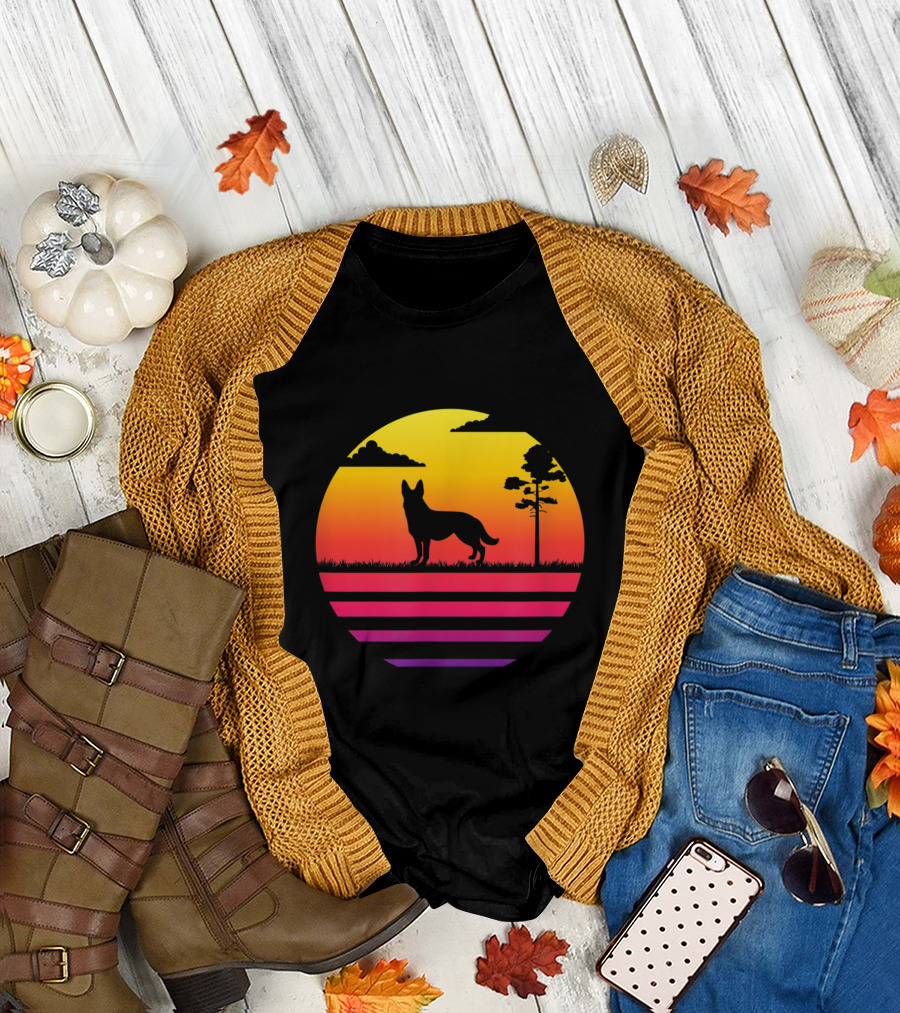German Shepherd Silhouette with Vintage Sunset and Nature Scene T-Shirt