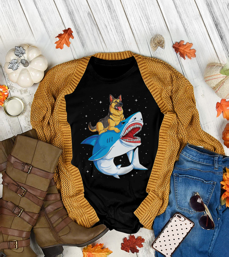 German Shepherd Riding Cartoon Shark in Space Adventure T-Shirt