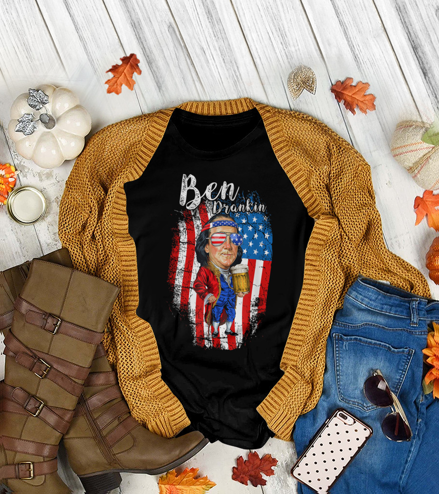 Ben Drankin Patriotic Vintage Benjamin with Beer Fourth of July American Flag T-Shirt