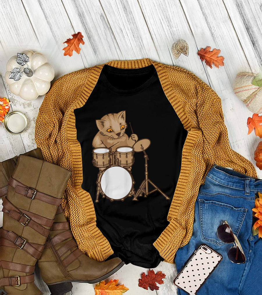 Drumming Cat Funny Irony Music Animation Kitty Playing Drums T-Shirt