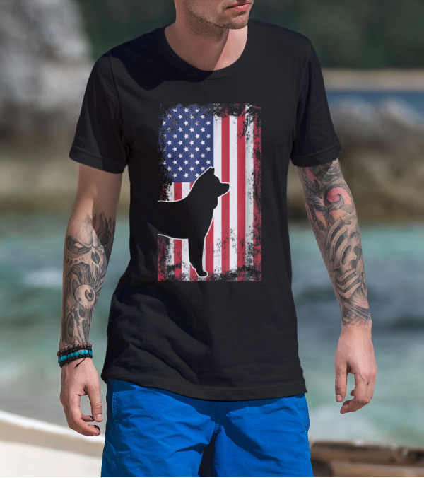 Akita Silhouette American Flag USA Patriotic T-Shirt