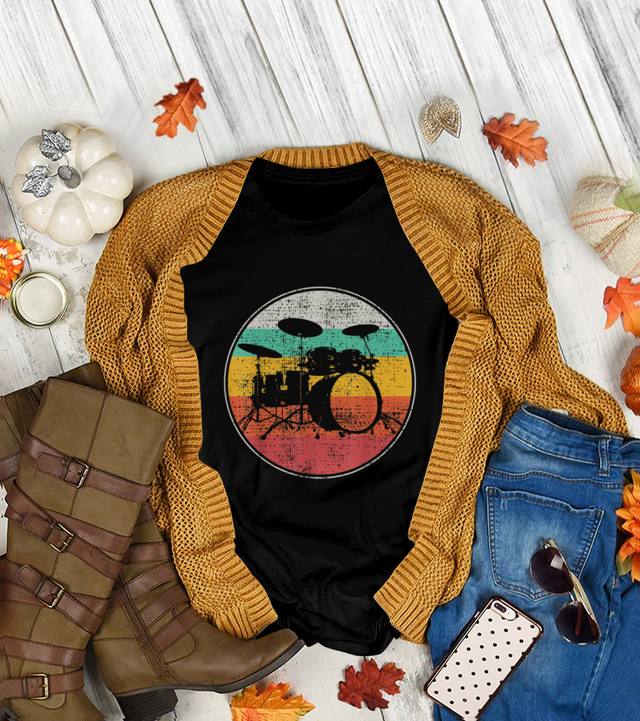 Retro Drumset Silhouette in Vintage Color Bands T-Shirt