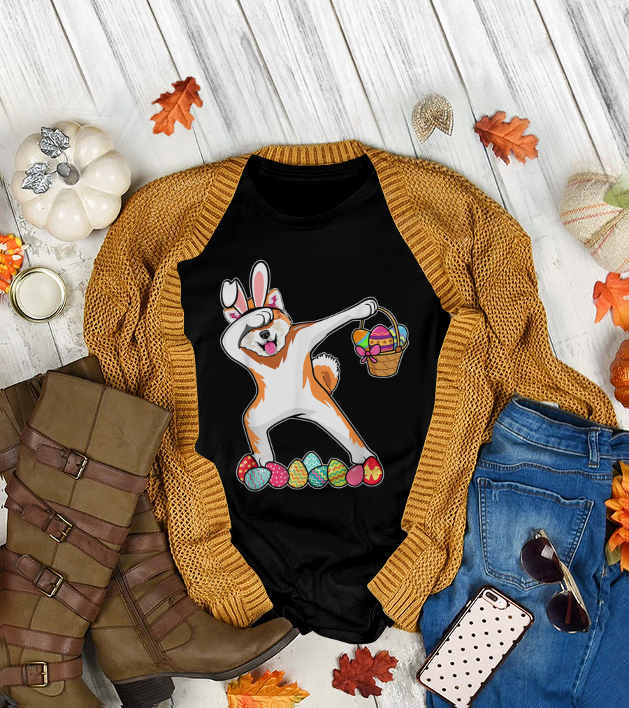 Akita Dog Dabbing with Bunny Ears and Easter Egg Basket Surrounded by Colorful Eggs T-Shirt