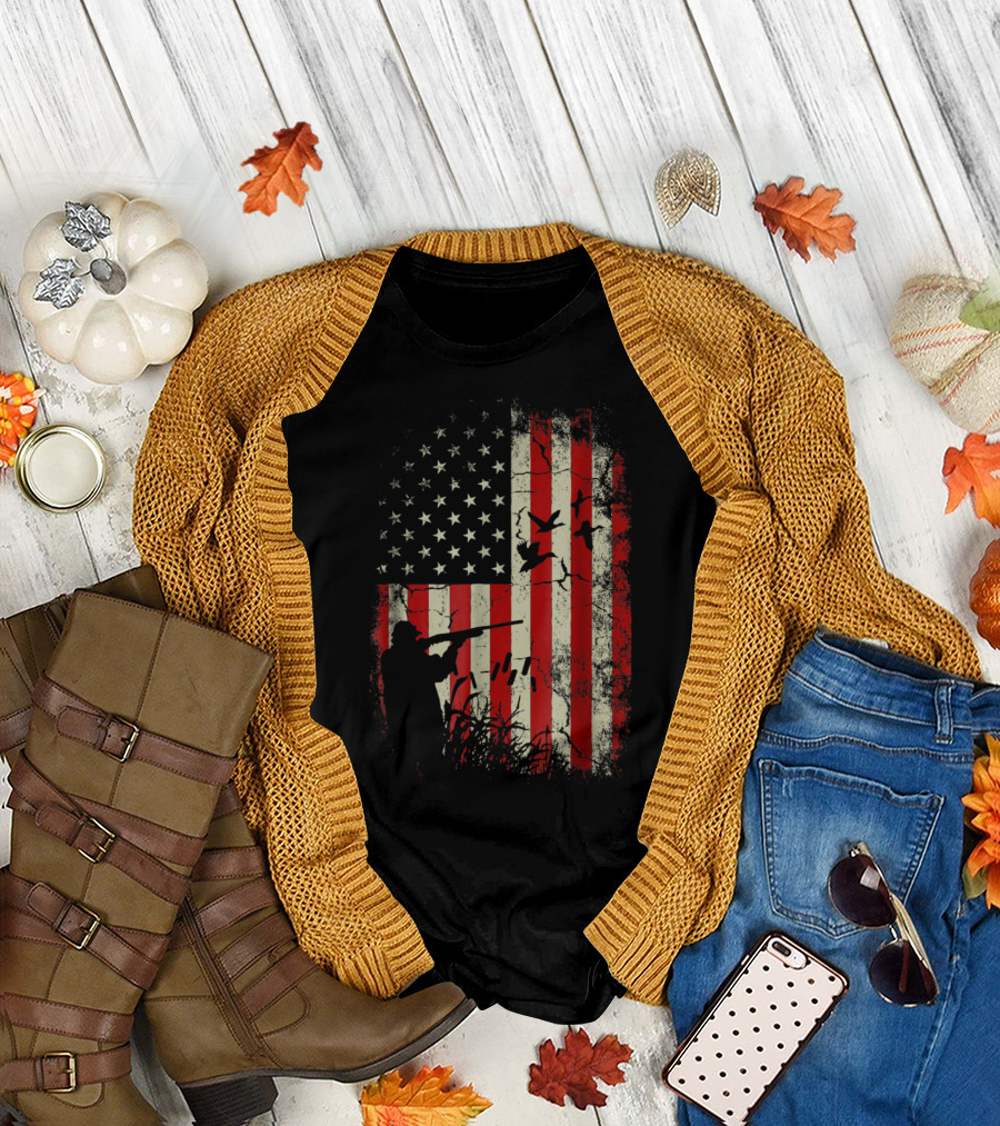 USA Flag Duck Hunter Silhouette with Flying Ducks and Grassland in Grunge T-Shirt
