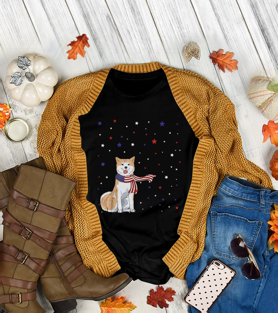 Akita Inu in American Flag Scarf with Patriotic Red, White, and Blue Stars T-Shirt
