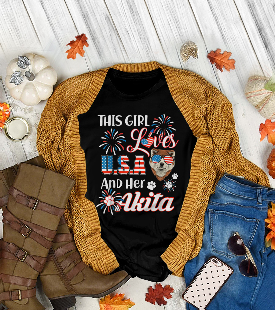 This Girl Loves USA and Her Akita with Fireworks and Paw Prints T-Shirt