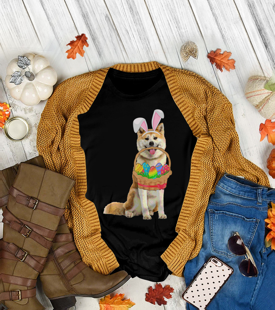 Akita Inu with Bunny Ears Carrying Easter Egg Basket T-Shirt