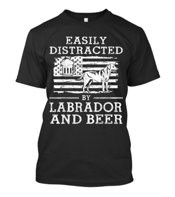 Easily Distracted By Labrador And Beer With American Flag And Mug Motif T-Shirt