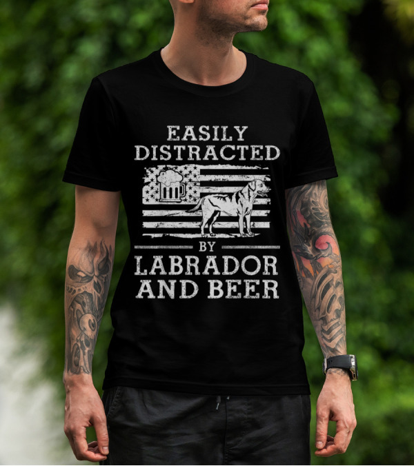 Easily Distracted By Labrador And Beer With American Flag And Mug Motif T-Shirt