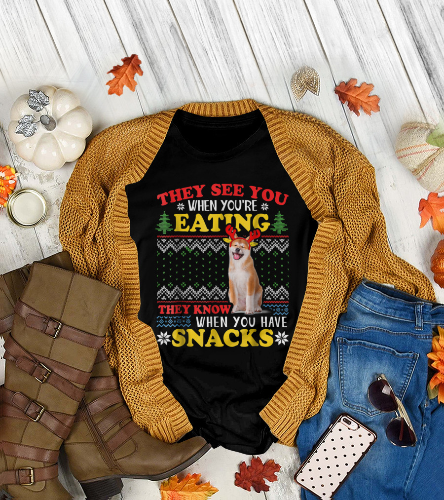 Akita Inu Ugly Xmas They See You Eating When You Have Snacks T-Shirt