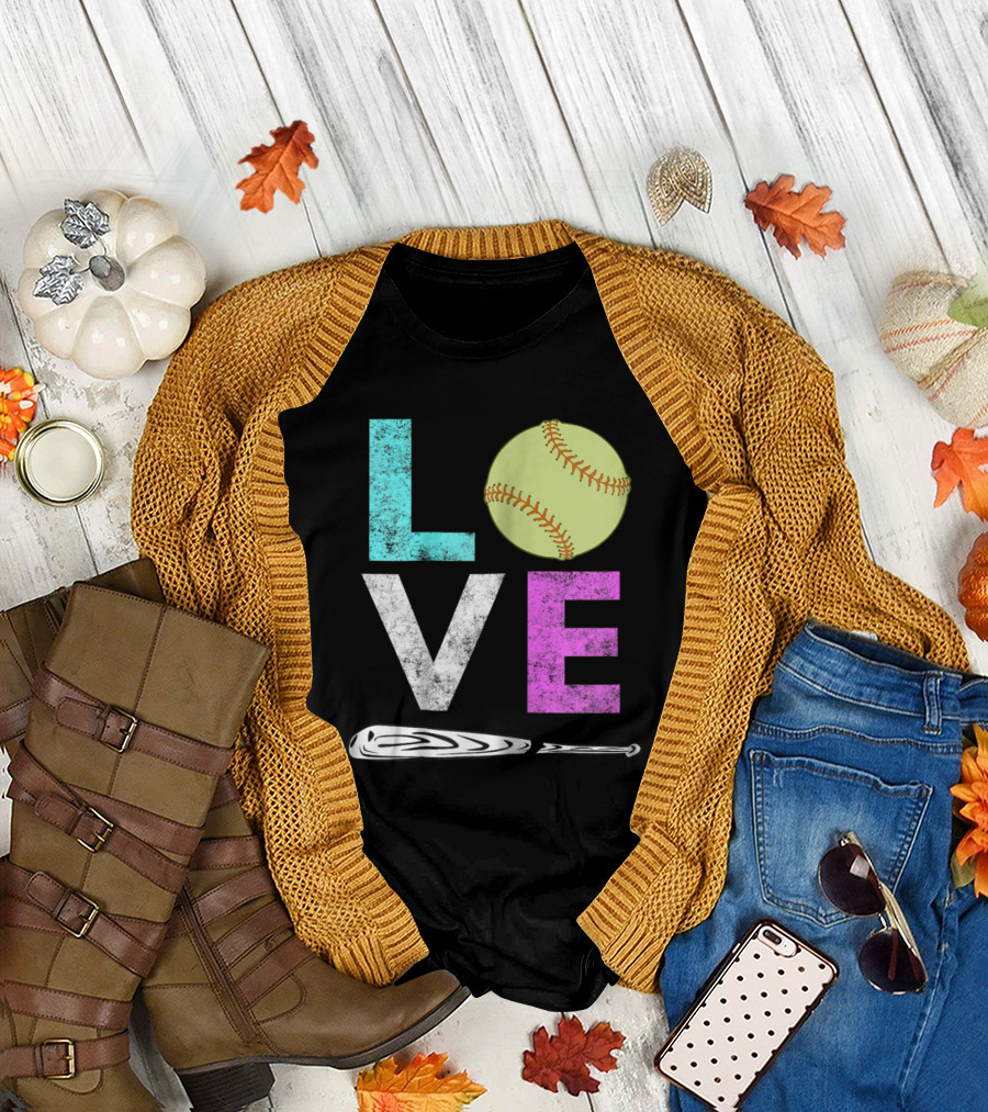 Girls Love Softball Fun with Bat and Ball T-Shirt