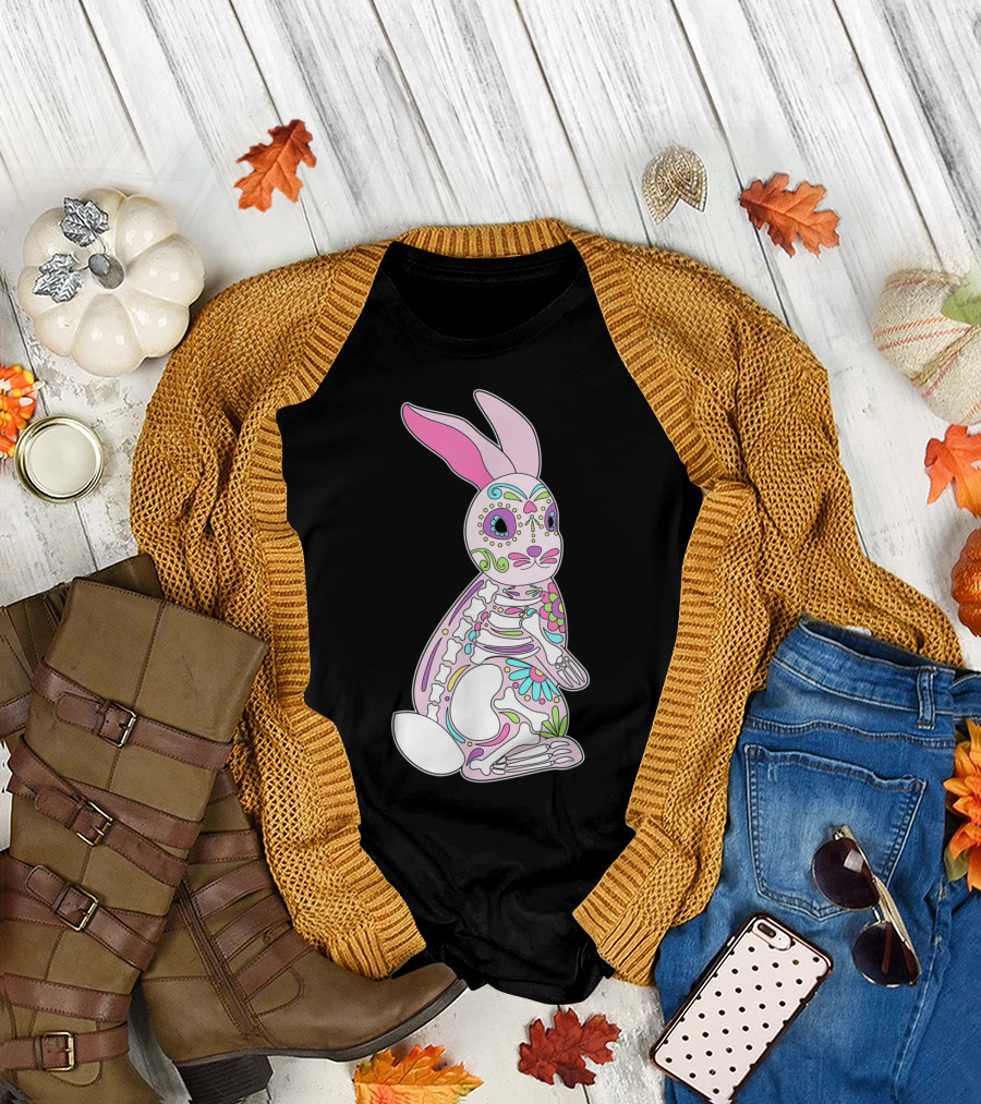 Easter Bunny Sugar Skull Dia De Los Muertos Colorful Skeleton T-Shirt