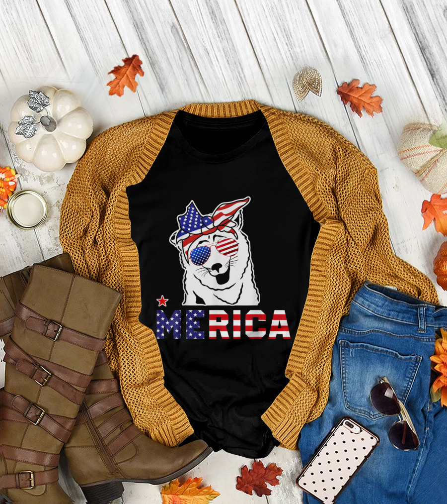 Akita Dog in American Flag Bandana and Sunglasses Merica 4th of July T-Shirt