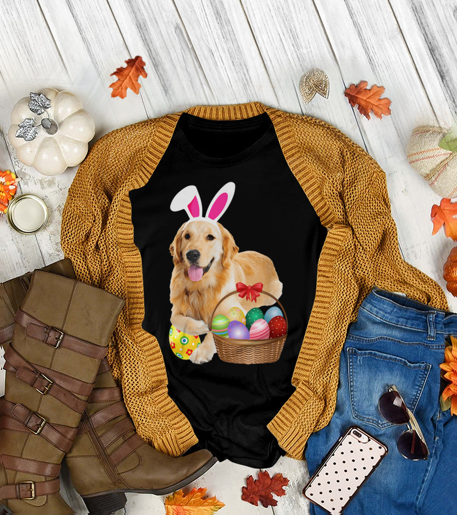 Easter Golden Retriever Wearing Bunny Ears with Colorful Egg Basket T-Shirt