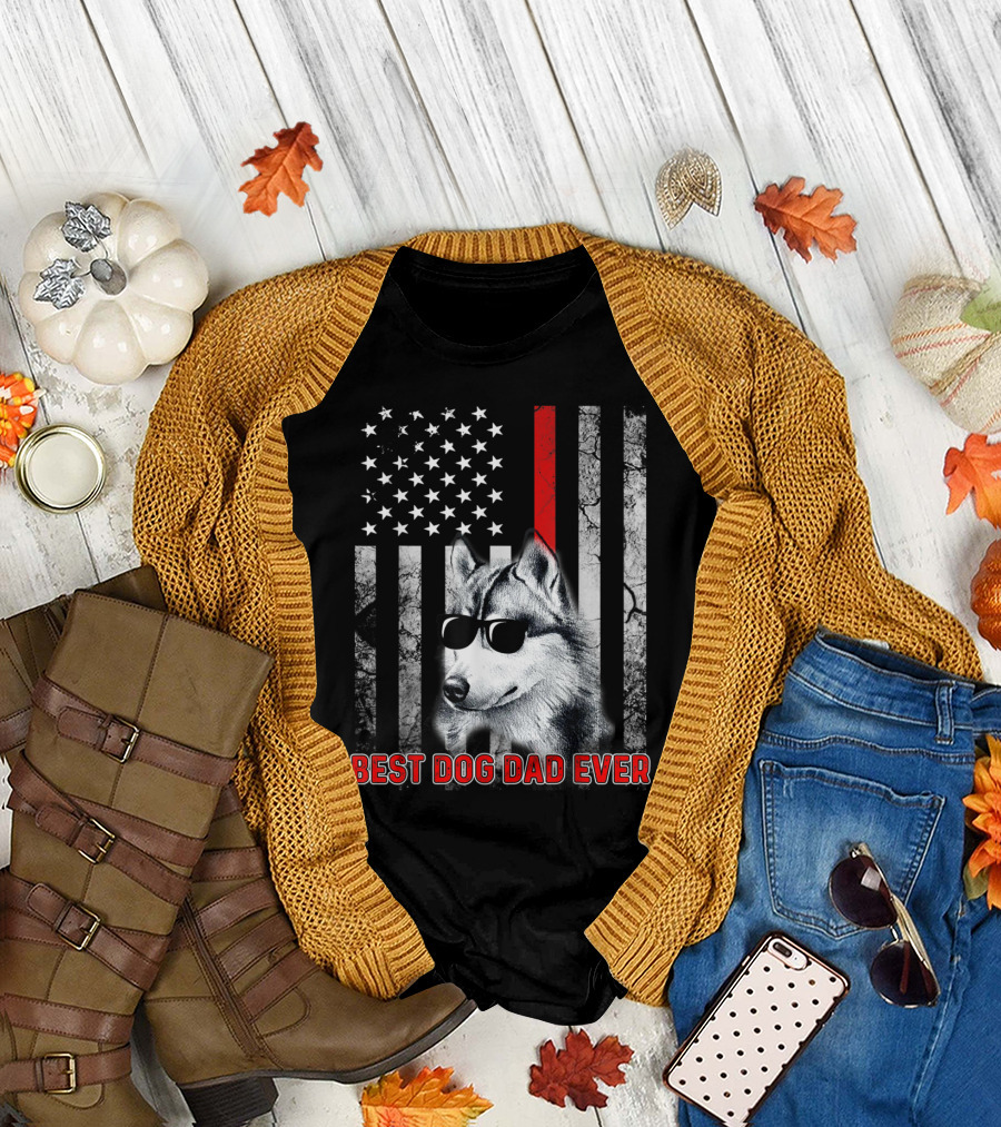 Best Dog Dad Ever Husky with USA Flag and Sunglasses T-Shirt