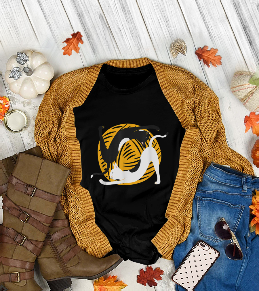 Funny Cat Yoga Black and White Cats Playing with Yellow Yarn T-Shirt