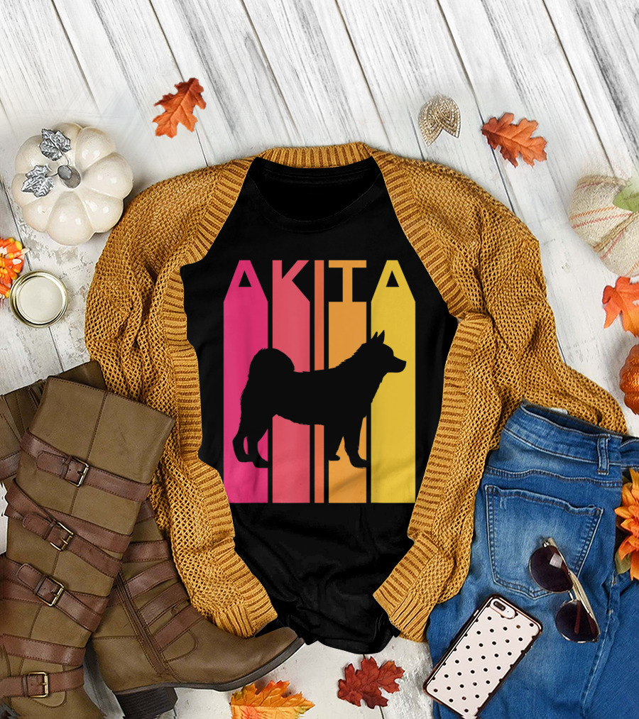 Akita Silhouette in Vintage Retro Color Bars T-Shirt