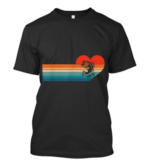 Retro Sunset Striped Heart With Jumping Fish T-Shirt