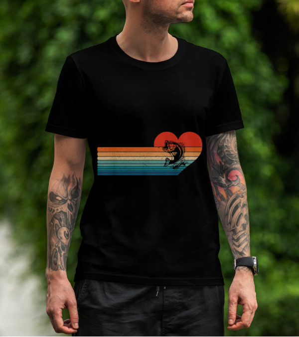 Retro Sunset Striped Heart With Jumping Fish T-Shirt