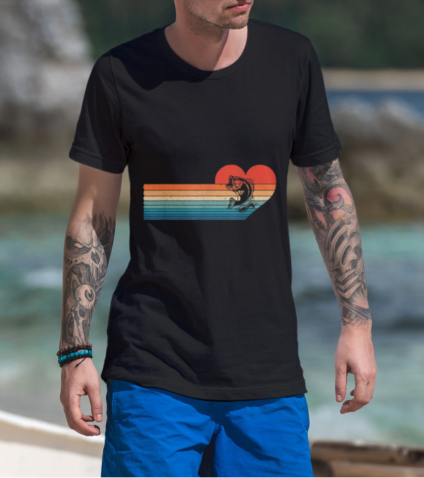 Retro Sunset Striped Heart With Jumping Fish T-Shirt