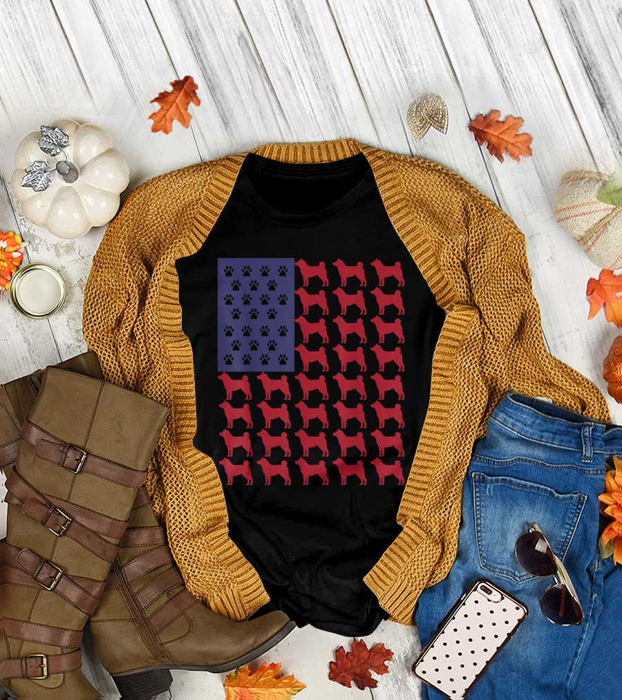 American Flag Akita Dog Silhouette with Paw Prints T-Shirt