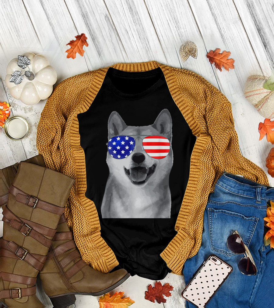 Patriotic Akita Wearing American Flag Glasses T-Shirt