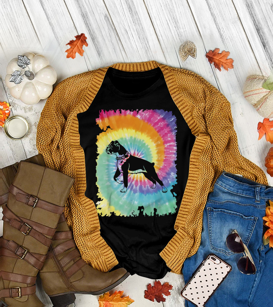 Colorful Tie Dye Boxer Dog Rainbow Spiral Family T-Shirt