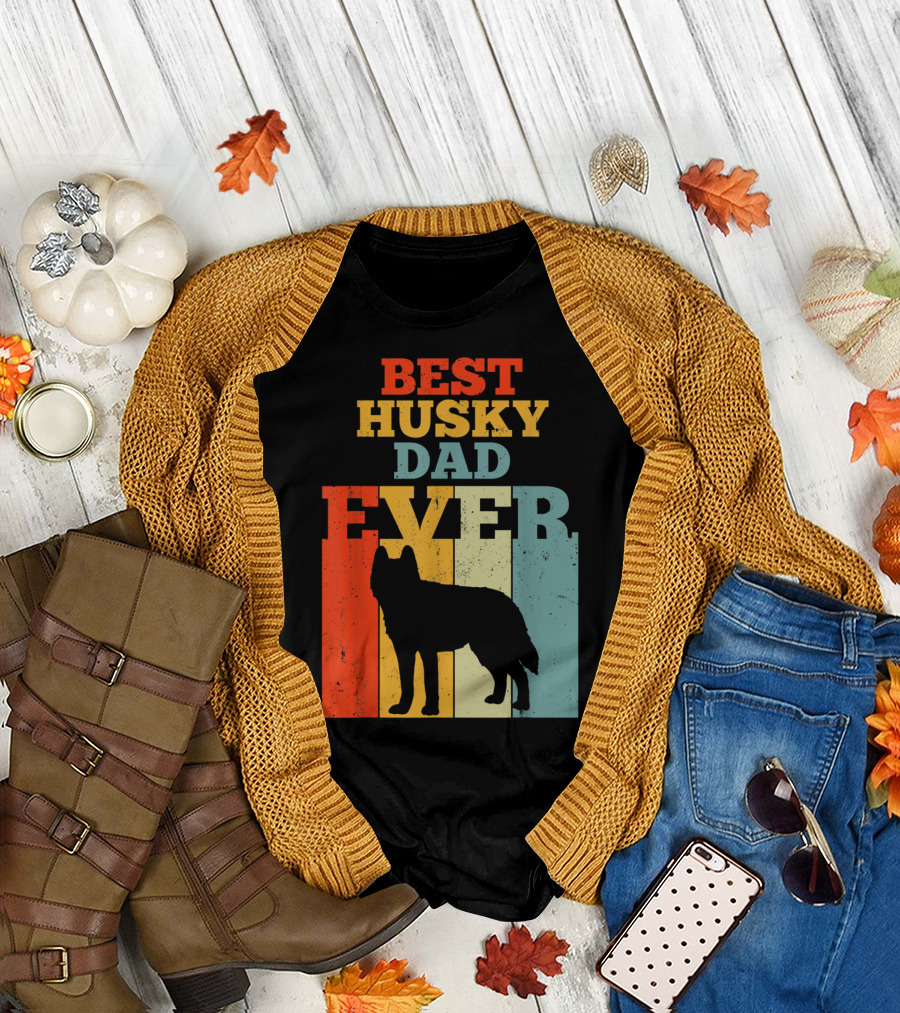 Best Husky Dad Ever Vintage Silhouette Retro Colors T-Shirt
