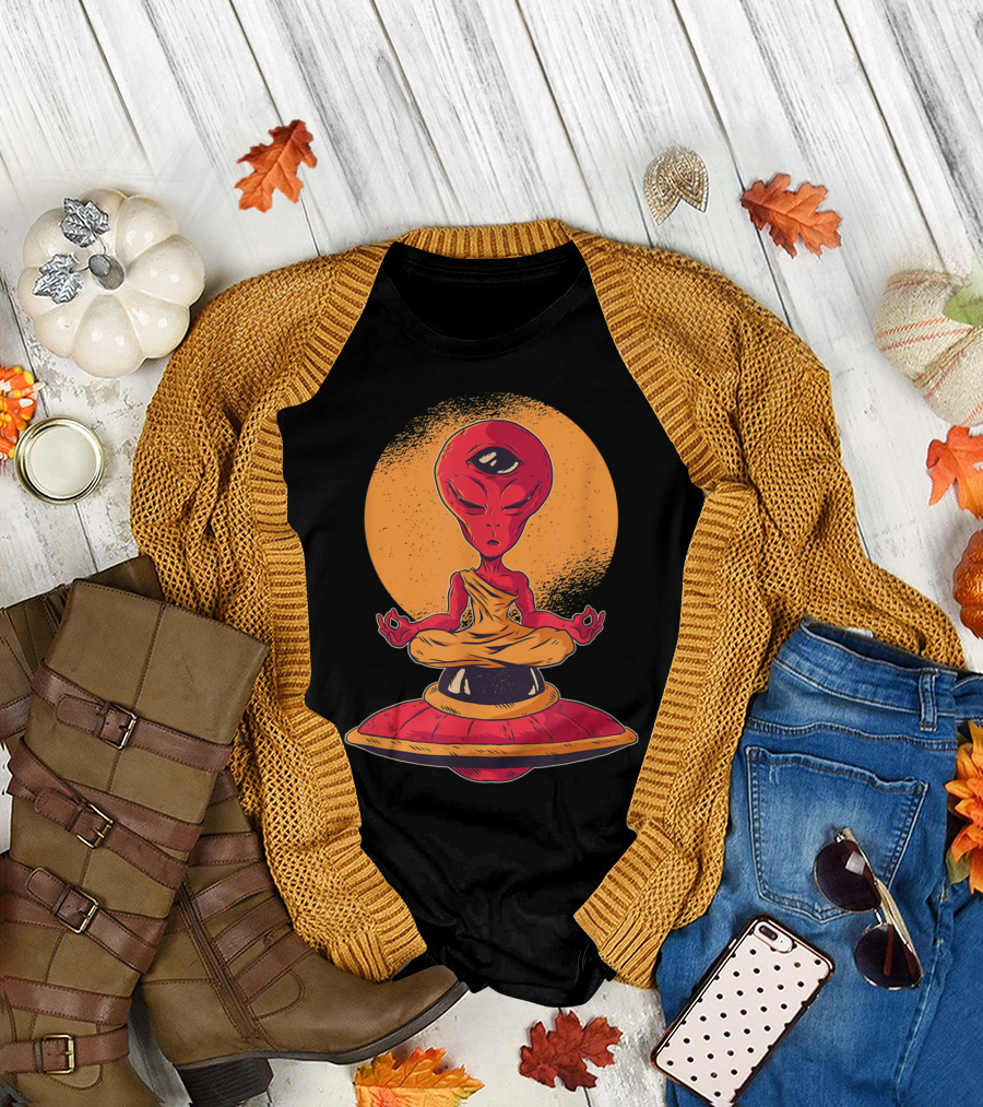 Meditating Alien Monk With Third Eye on Flying Saucer Against Sunset Background T-Shirt