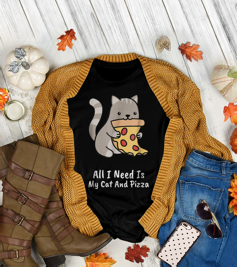 All I Need Is My Cat and Pizza Cartoon Cat Slice Humor T-Shirt