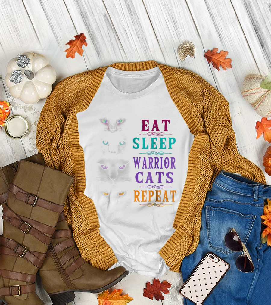 Eat Sleep Warrior Cats Repeat with Colorful Glowing Cat Eyes T-Shirt