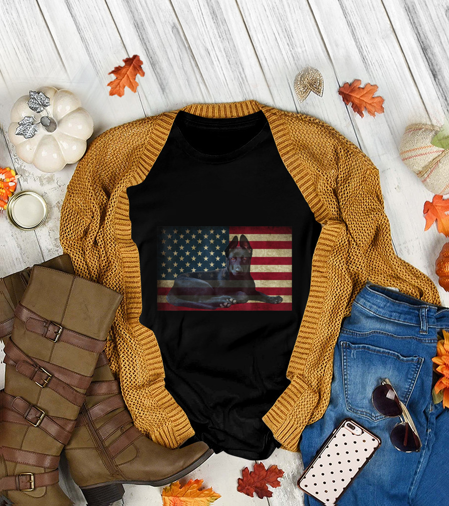 Black German Shepherd on American Flag Background T-Shirt