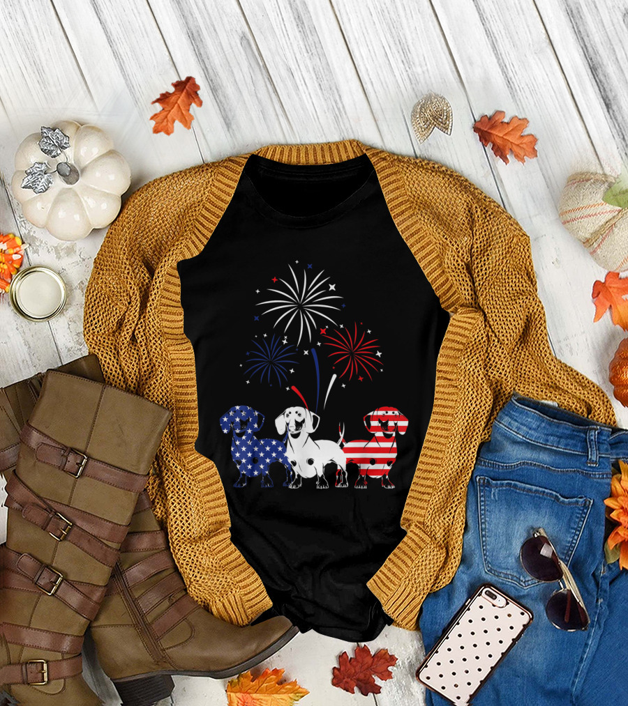 Independence Dachshund American Flag Patriotic Fireworks T-Shirt